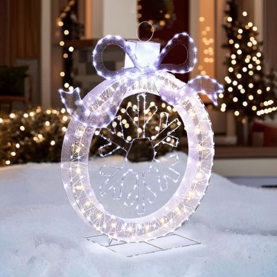 Image showing  3 ft. Lighted Ornament & Snowflake Wreath, Silver & White Outdoor Christmas Decoration