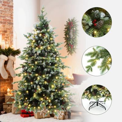 Image showing  6 ft. Pre-Lit Green Full Artificial Christmas Tree with Red Berries and Metal Stand