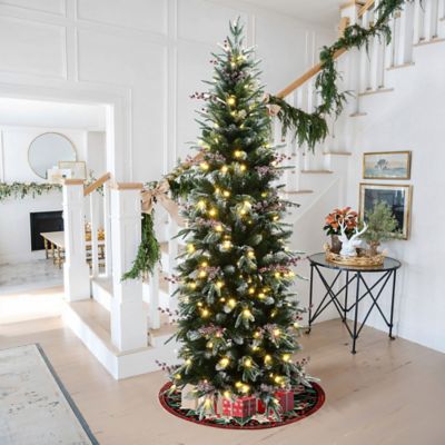 Image showing  6.5 ft. Pre-Lit Pencil Artificial Christmas Tree with Frosted Tips and Red Berries