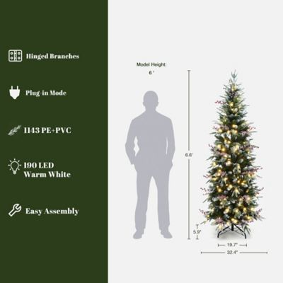 Image showing  6.5 ft. Pre-Lit Pencil Artificial Christmas Tree with Frosted Tips and Red Berries