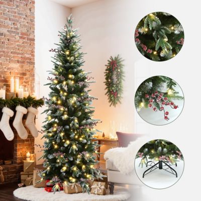 Image showing  6.5 ft. Pre-Lit Pencil Artificial Christmas Tree with Frosted Tips and Red Berries