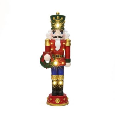 LuxenHome 4 ft. Lighted Nutcracker Red Soldier with Wreath, Battery Operated Christmas Decoration