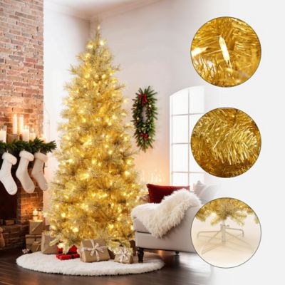 Image showing  7.5 ft. Pre-Lit Gold Tinsel Artificial Pine Tree with Metal Stand