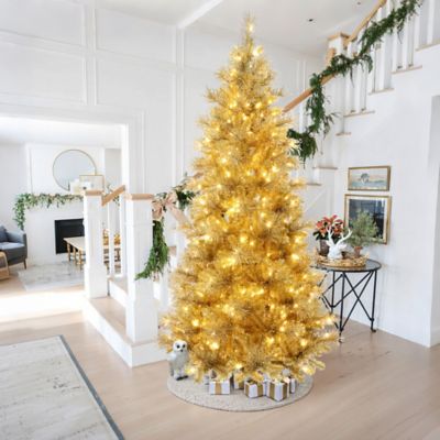 Image showing  7.5 ft. Pre-Lit Gold Tinsel Artificial Pine Tree with Metal Stand