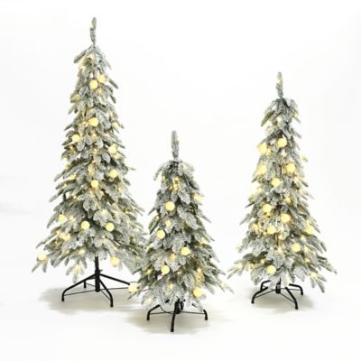 LuxenHome 3-Piece Flocked Artificial Tree Set with Lights and Metal Stand