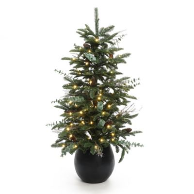 LuxenHome 4 ft. Pre-Lit Green Artificial Pine Christmas Tree with Pinecones and Round Black Pot