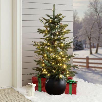 Image showing  4 ft. Pre-Lit Green Artificial Pine Christmas Tree with Pinecones and Round Black Pot