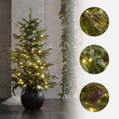 Image showing  4 ft. Pre-Lit Green Artificial Pine Christmas Tree with Pinecones and Round Black Pot