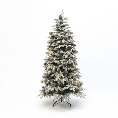 LuxenHome 7 ft. Pre-Lit Flocked Artificial Pine Christmas Tree with Pinecones and Metal Stand