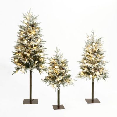 LuxenHome 3-Piece Pre-Lit Snowy Branches Artificial Christmas Tree Set with Metal Base