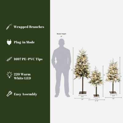 Image showing  3-Piece Pre-Lit Snowy Branches Artificial Christmas Tree Set with Metal Base