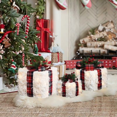 Image showing  3-Piece Lighted White Gift Box Set with Plaid Ribbon, Outdoor Christmas Holiday Decoration