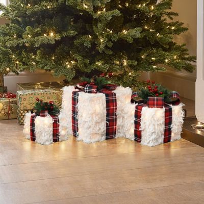 Image showing  3-Piece Lighted White Gift Box Set with Plaid Ribbon, Outdoor Christmas Holiday Decoration