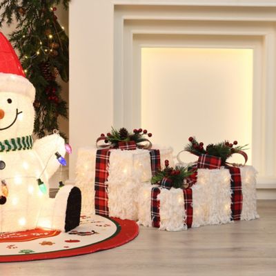 Image showing  3-Piece Lighted White Gift Box Set with Plaid Ribbon, Outdoor Christmas Holiday Decoration