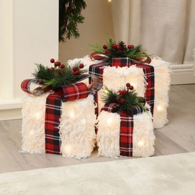 Image showing  3-Piece Lighted White Gift Box Set with Plaid Ribbon, Outdoor Christmas Holiday Decoration