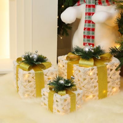 Image showing  3-Piece Lighted Snowflake Gift Box Set with Gold Ribbon, White Fabric Outdoor Holiday Decor
