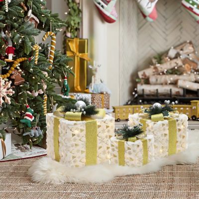 Image showing  3-Piece Lighted Snowflake Gift Box Set with Gold Ribbon, White Fabric Outdoor Holiday Decor
