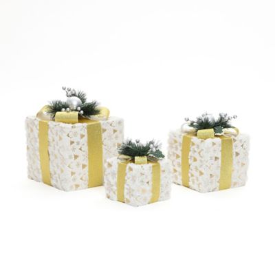 Image showing  3-Piece Lighted Snowflake Gift Box Set with Gold Ribbon, White Fabric Outdoor Holiday Decor