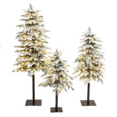 LuxenHome 3-Piece Pre-Lit Green Sweeping Branches Artificial Christmas Tree Set with Light Faux Snow