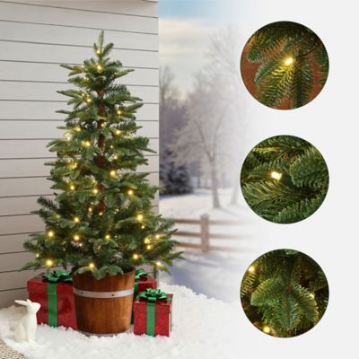Image showing  4 ft. Pre-Lit Green Artificial Christmas Tree with Round Wood Pot