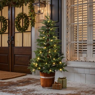 Image showing  4 ft. Pre-Lit Green Artificial Christmas Tree with Round Wood Pot