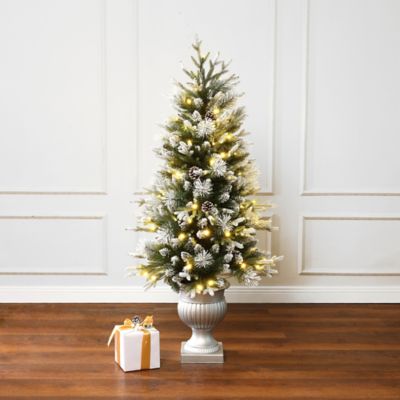 Image showing  4.5 ft. Pre-Lit Green Artificial Christmas Tree with Light Faux Snow and White Pot