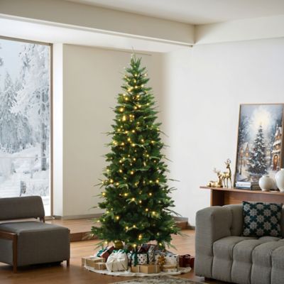 Image showing  6 ft. Pre-Lit Green Slim Artificial Christmas Tree with 8 Light Functions