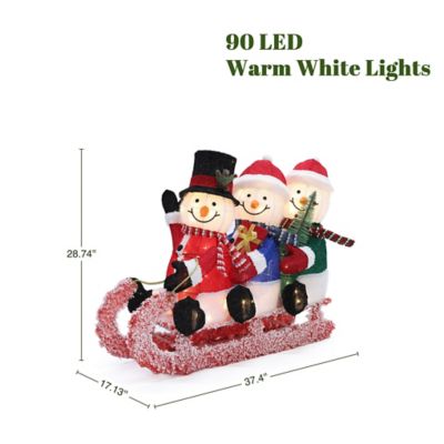 Image showing  Lighted Snowman Family on Sled in Winter Coats, Outdoor Christmas Yard Decoration