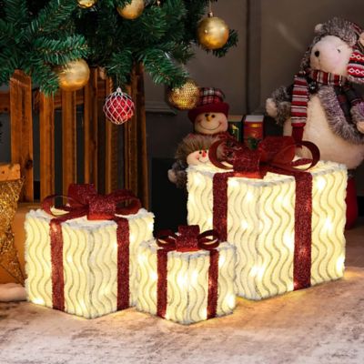 Image showing  3-Piece Pre-Lit Wavy-Design Gift Box Set with Decorative Red Ribbons and Bows