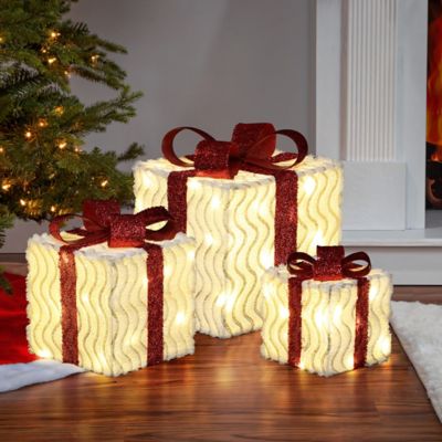 Image showing  3-Piece Pre-Lit Wavy-Design Gift Box Set with Decorative Red Ribbons and Bows