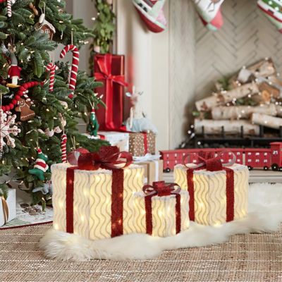 Image showing  3-Piece Pre-Lit Wavy-Design Gift Box Set with Decorative Red Ribbons and Bows