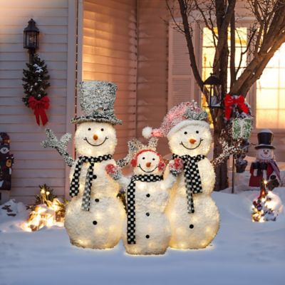Image showing  3-Piece Lighted Snowman Family, White Tinsel Frosted Outdoor Holiday Yard Display