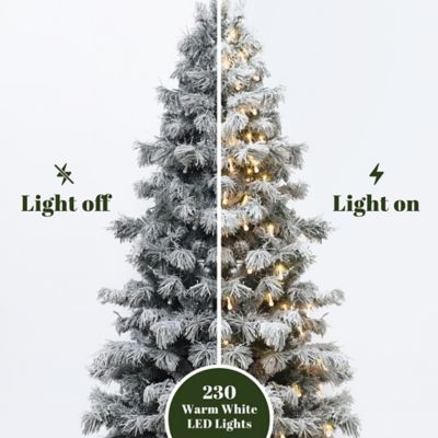 Image showing  7.5 ft. Snow-Flocked Cedar Christmas Tree Pre-Lit with Teardrop LED Lights & Hinged Branches
