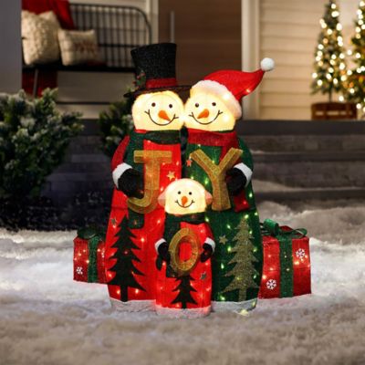 Image showing  Snowman Family with Joy Greeting Holiday Decoration with Lights for Indoor and Outdoor