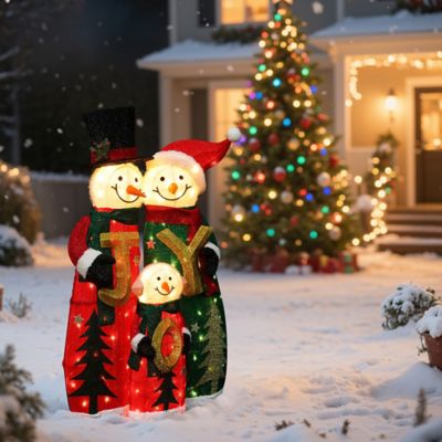 Image showing  Snowman Family with Joy Greeting Holiday Decoration with Lights for Indoor and Outdoor