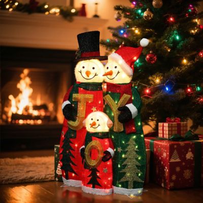 Image showing  Snowman Family with Joy Greeting Holiday Decoration with Lights for Indoor and Outdoor