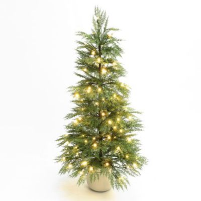 LuxenHome 4.5 ft. Pre-Lit Artificial Christmas Tree, 100 LED Lights, PE Tips, White Pot Base