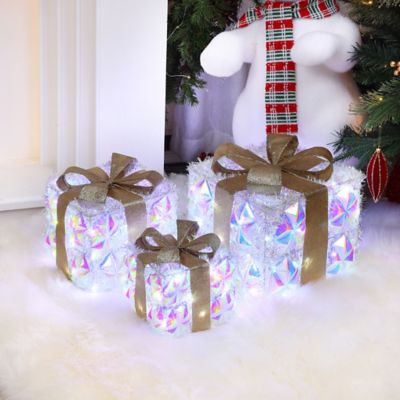 Image showing  3-Piece Silver Prism Gift Boxes with Gold Ribbon Outdoor Holiday Decoration with Lights