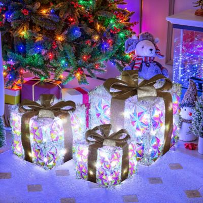 Image showing  3-Piece Silver Prism Gift Boxes with Gold Ribbon Outdoor Holiday Decoration with Lights