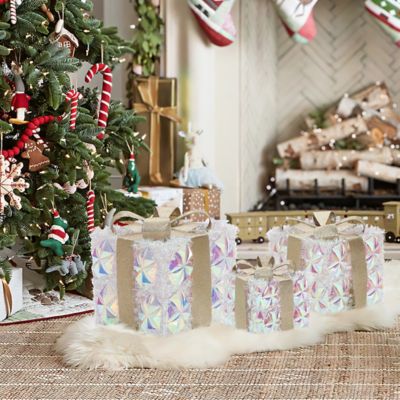 Image showing  3-Piece Silver Prism Gift Boxes with Gold Ribbon Outdoor Holiday Decoration with Lights