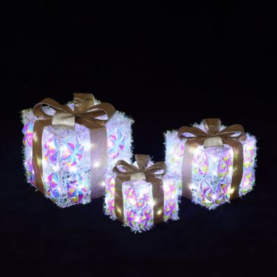 Image showing  3-Piece Silver Prism Gift Boxes with Gold Ribbon Outdoor Holiday Decoration with Lights