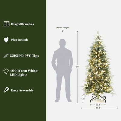 Image showing  6.5 ft. Green & Frosty Branches Artificial Christmas Tree Pre-Lit with LEDs and Globe Bulbs