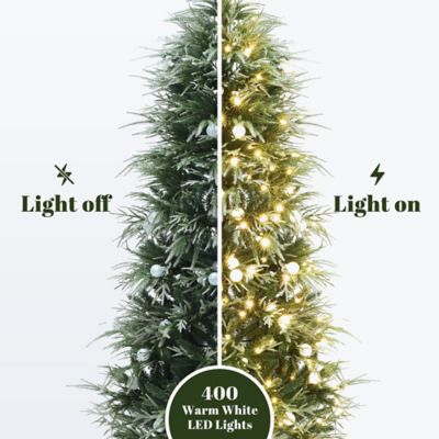 Image showing  6.5 ft. Green & Frosty Branches Artificial Christmas Tree Pre-Lit with LEDs and Globe Bulbs