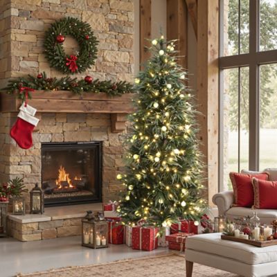 Image showing  6.5 ft. Green & Frosty Branches Artificial Christmas Tree Pre-Lit with LEDs and Globe Bulbs