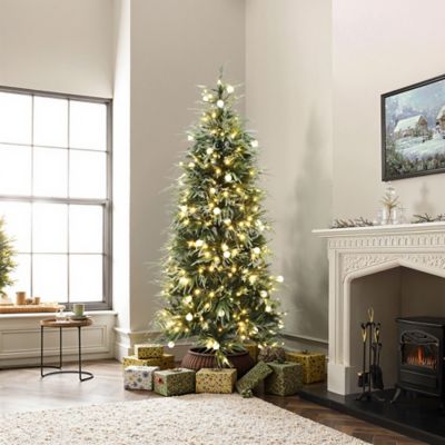 Image showing  6.5 ft. Green & Frosty Branches Artificial Christmas Tree Pre-Lit with LEDs and Globe Bulbs