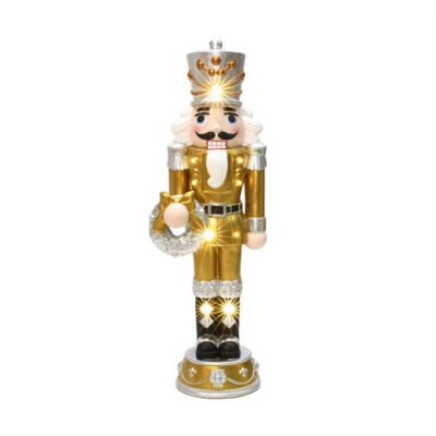 LuxenHome 4 ft. Lighted Nutcracker Gold Soldier with Silver Wreath, Battery Operated Xmas Decoration