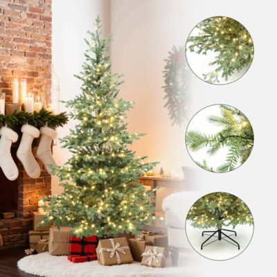 Image showing  7 ft. Pre-Lit Artificial Pine Christmas Tree with Dusty Green PE Tips & Metal Stand