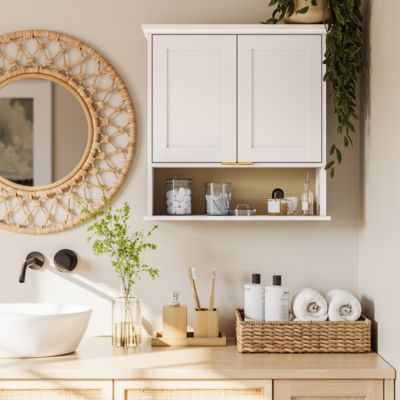 Image showing  Shorewood Two-Door Wall Cabinet with Rattan Backboard - White