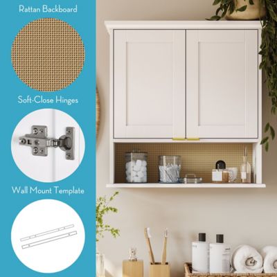 Image showing  Shorewood Two-Door Wall Cabinet with Rattan Backboard - White