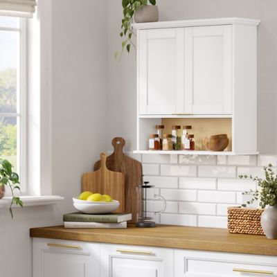 Image showing  Two-Door Kitchen Wall Cabinet with Rattan Backboard - White